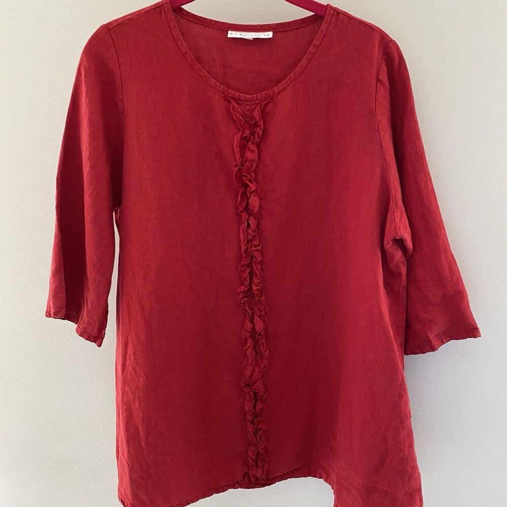Bryn Walker 100% Linen Ruffle Tunic Blouse 3/4 Sleeve Round Neck Women's S